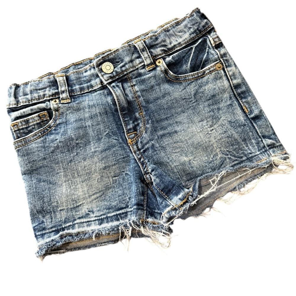 Gymboree girls sz 6 girlfriend denim shorts, faded,fringed bottom. Waist tabs